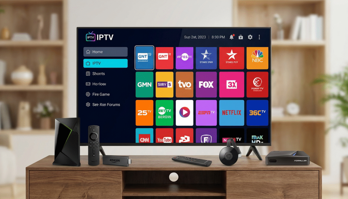 Comparatif des meilleurs appareils pour IPTV en France en 2024, montrant un boîtier Android TV et un stick de streaming.