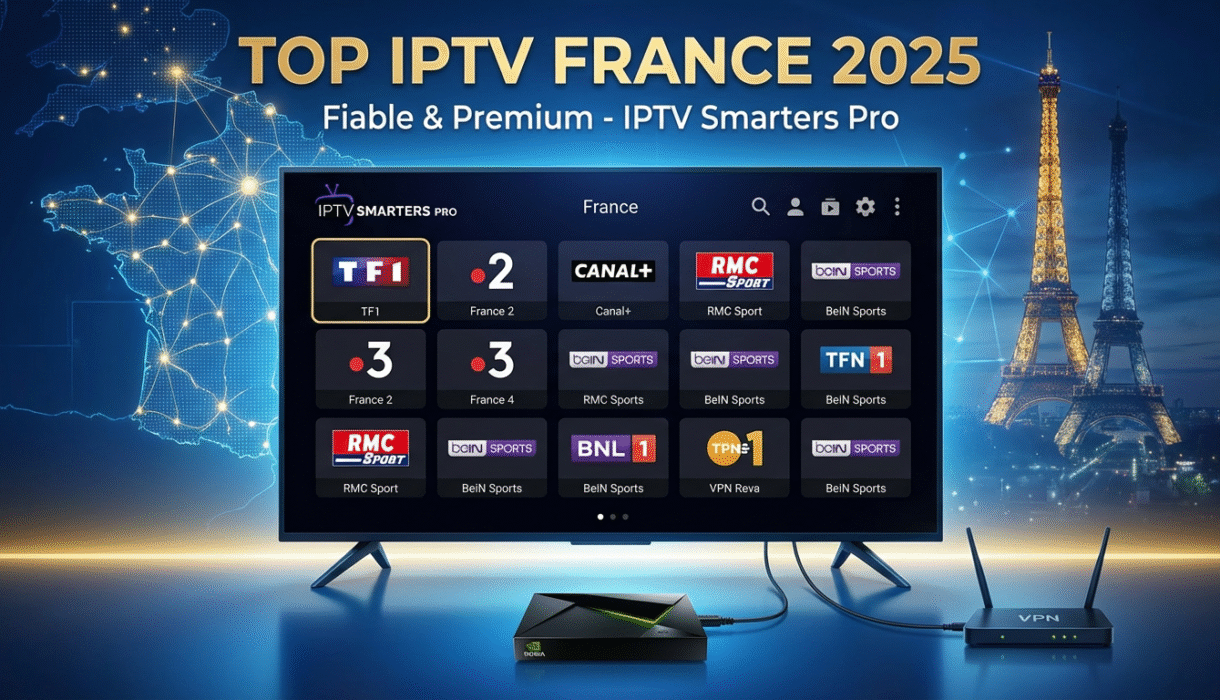 Logo IPTV lumineux sur une carte de France digitale, illustrant le guide des meilleurs abonnements IPTV France en 2025.