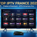 Logo IPTV lumineux sur une carte de France digitale, illustrant le guide des meilleurs abonnements IPTV France en 2025.