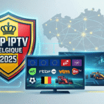 Logo IPTV lumineux sur un fond numérique du drapeau belge, illustrant le guide du top IPTV Belgique 2025.