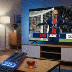 Un match de football de la ligue française diffusé en direct sur une télévision 4K dans un salon moderne via un service IPTV pour le sport.